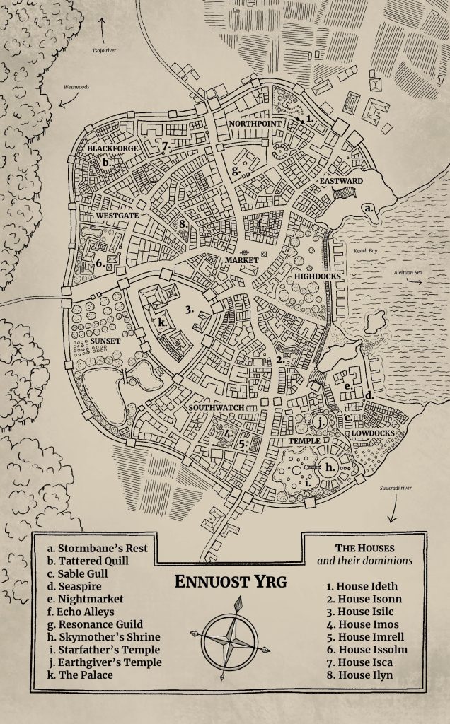 A hand drawn map of the city of Ennuost Yrg