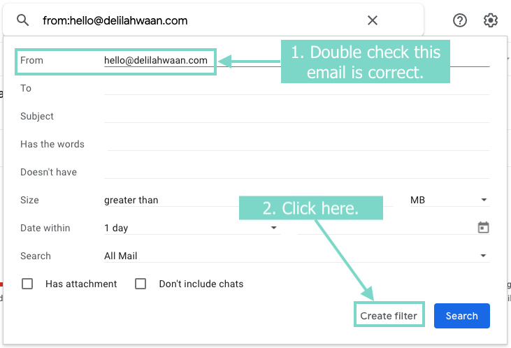 Gmail create filter settings