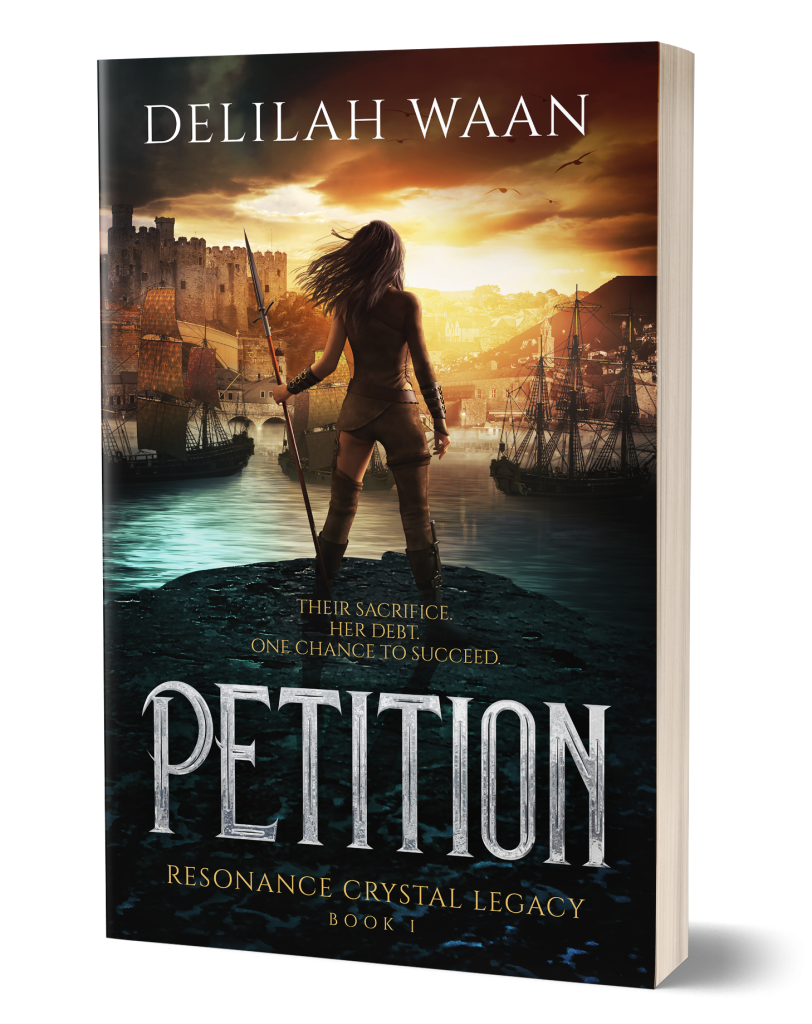 3D mockup of a paperback edition of Petition by Delilah Waan