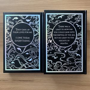 Special foil stamped faux leatherbound editions of PETITION and SUPPLICANT by Delilah Waan. Back covers.