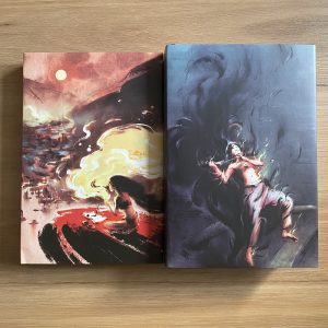Special faux leatherbound editions of PETITION and SUPPLICANT by Delilah Waan. Front of exclusive illustrated dust jackets.