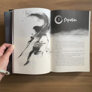 Exclusive black-and-white interior character illustration of Rahelu in SUPPLICANT by Delilah Waan.