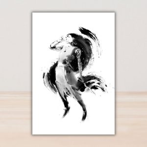 Mockup of A5 art print: black and white brushwork portrait of Ylaen "No-sleeves" Imos by Rosemary Fung