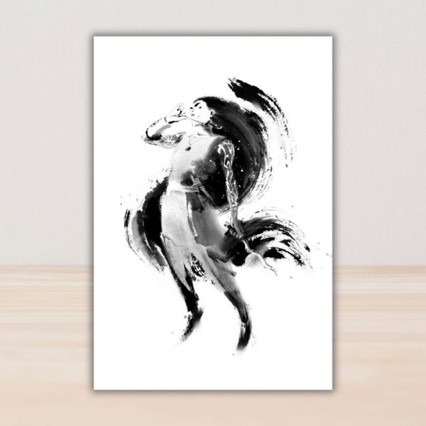 Mockup of A5 art print: black and white brushwork portrait of Ylaen "No-sleeves" Imos by Rosemary Fung