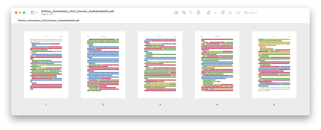 A screenshot of pages 349–353 of the Petition retail hardcover with red, blue, green, and yellow highlighted text.