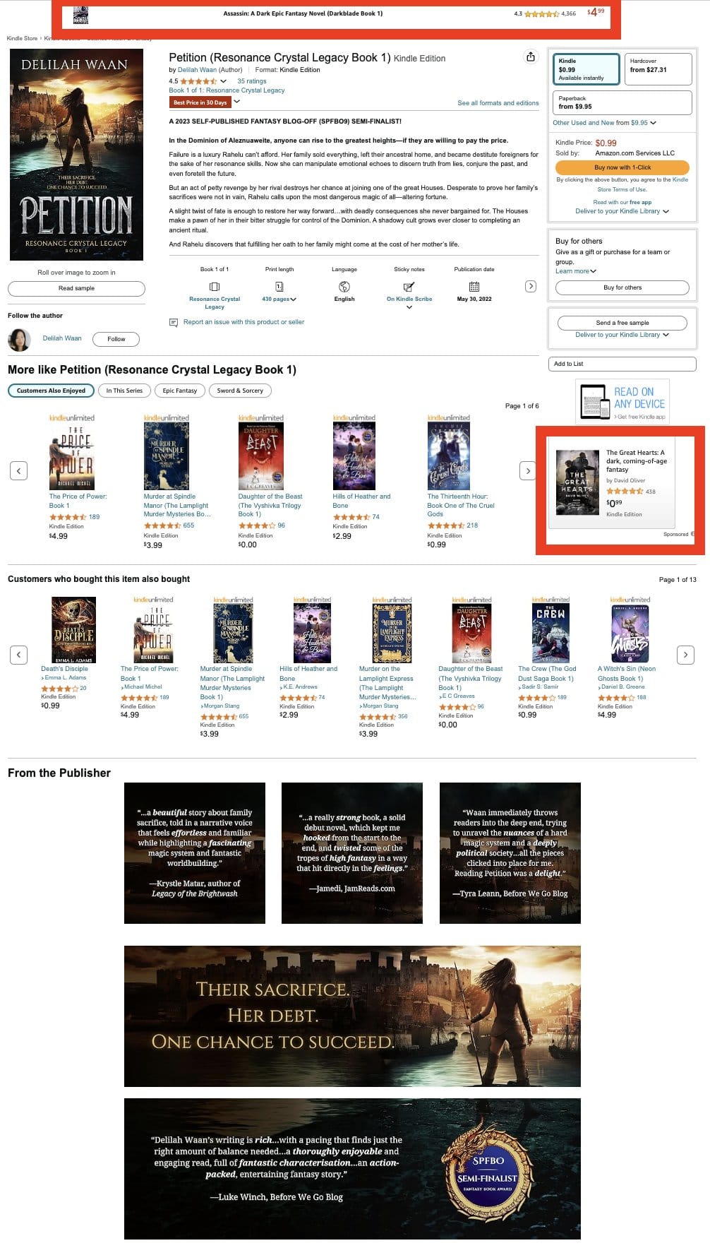 Screenshot of Amazon product page for Petition with ads highlighted