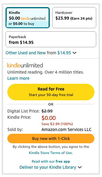 Screenshot of the Amazon UI on the ebook product page, showing a big yellow "Read for Free" button given greater prominence over the orange "Buy now with 1-Click" button