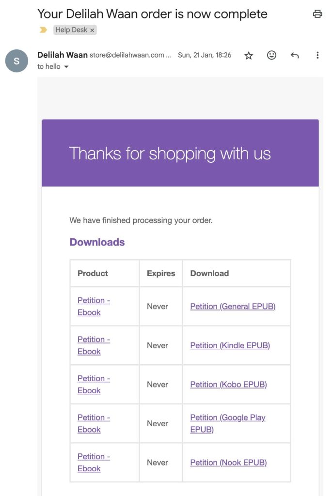 Screenshot of email confirmation from Delilah Waan's WooCommerce store with download links for ebooks purchased.
