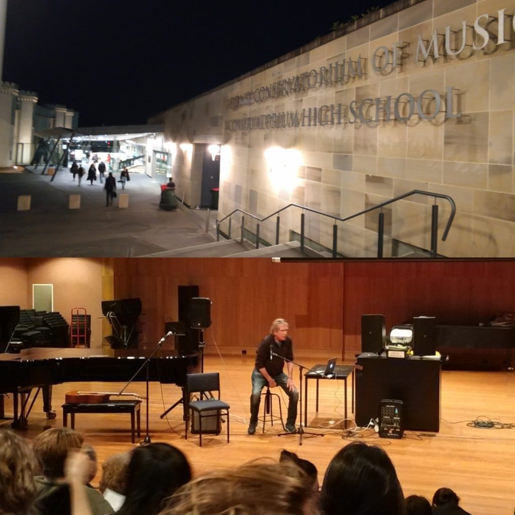 Top: image of the entrance to the Sydney Conservatorium of music.
Bottom: image of Pat Pattison on stage.