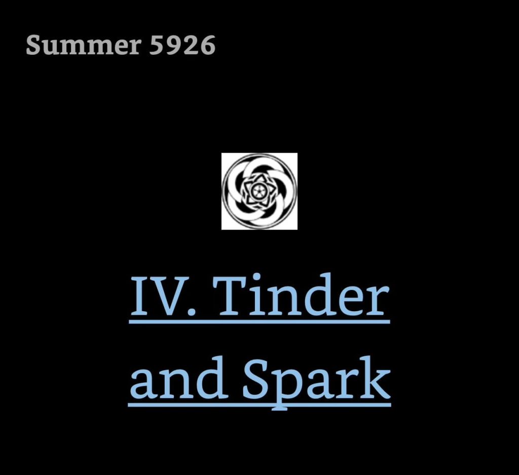 Kindle screenshot. Text reads:

Summer 5926
[image of chapter icon]
IV. Tinder and Spark