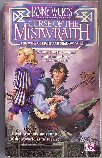 Paperback edition of Curse of the Mistwraith by Janny Wurts featuring illustrated cover by Janny Wurts showing Lysaer and Arithon with his lyranthe