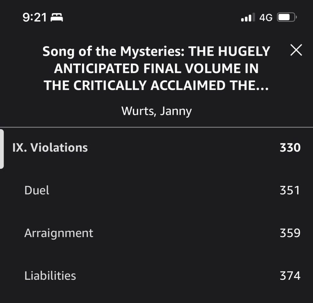 Kindle app screenshot of contents page excerpt for Song of the Mysteries by Janny Wurts:

IX. Violations 330
Duel 351
Arraignment 359
Liabilities 374