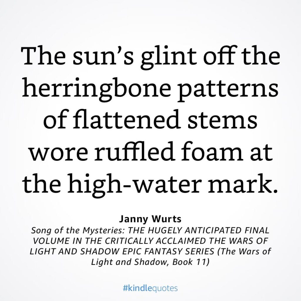 #kindlequote screencap. Text reads: 

The sun's glint off the herringbone patterns of flattened stems wore ruffled foam at the high-water mark.

Janny Wurts
Song of the Mysteries