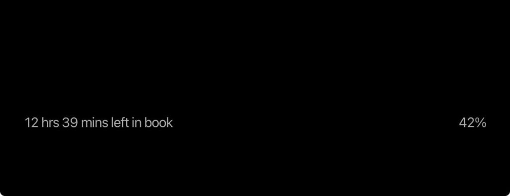 Screencap of Kindle reading app progress showing 42% read with 12 hrs 39 mins left in book