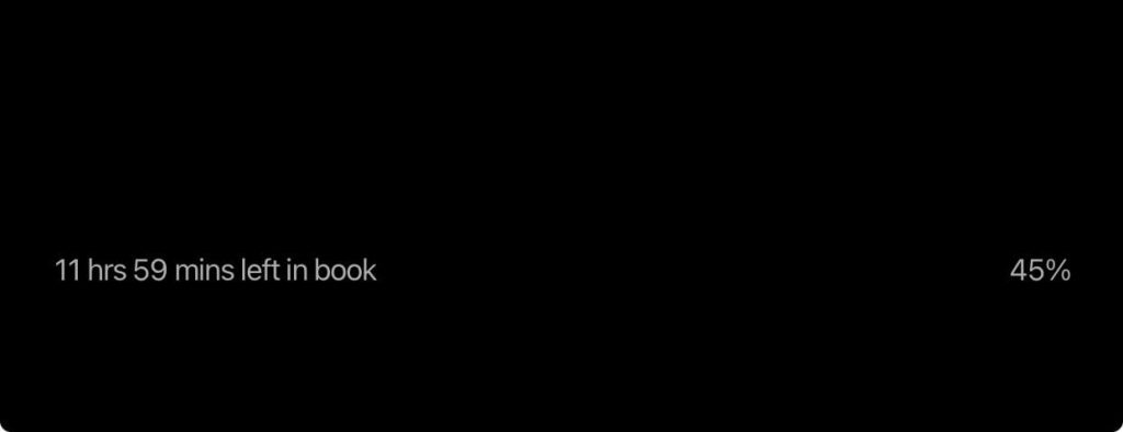Screencap of Kindle reading app progress showing 45% read with 11 hrs 59 mins left in book