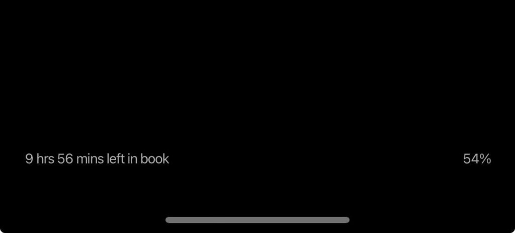 Screencap of Kindle reading app progress showing 54% read with 9 hrs 56 mins left in book
