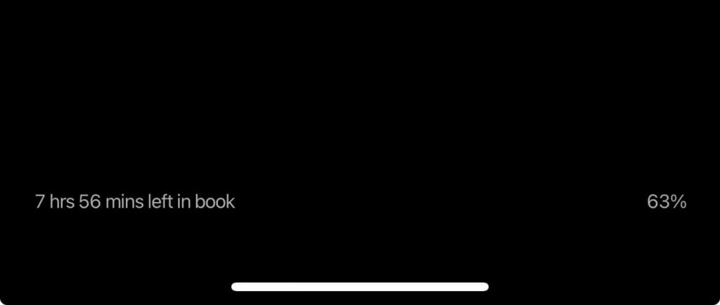 Screencap of Kindle reading app progress showing 63% read with 7 hrs 56 mins left in book