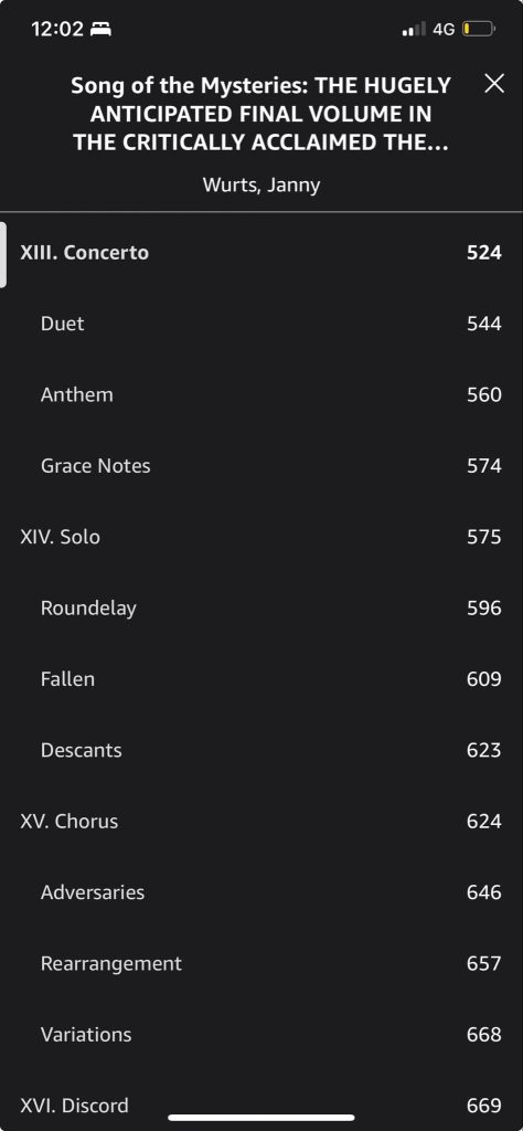 Kindle app screenshot of contents page excerpt for Song of the Mysteries by Janny Wurts: XIII. Concerto 524 Duet 544 Anthem 560 Grace Notes 574 XIV. Solo 575 Roundelay 596 Fallen 609 Descants 623 XV. Chorus 624 Adversaries 646 Rearrangement 657 Variations 668 XVI. Discord 669