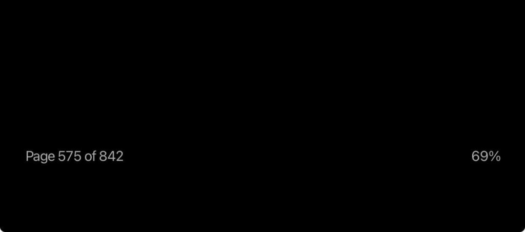 Screencap of Kindle reading app progress showing 69% read on page 575 of 842 in the book