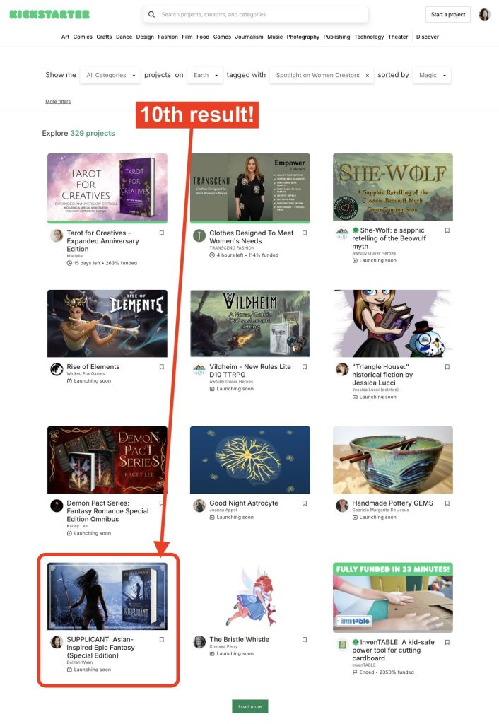 Screenshot of Kickstarter projects tagged with "Spotlight on Women Creators", featuring Supplicant as the 10th result
