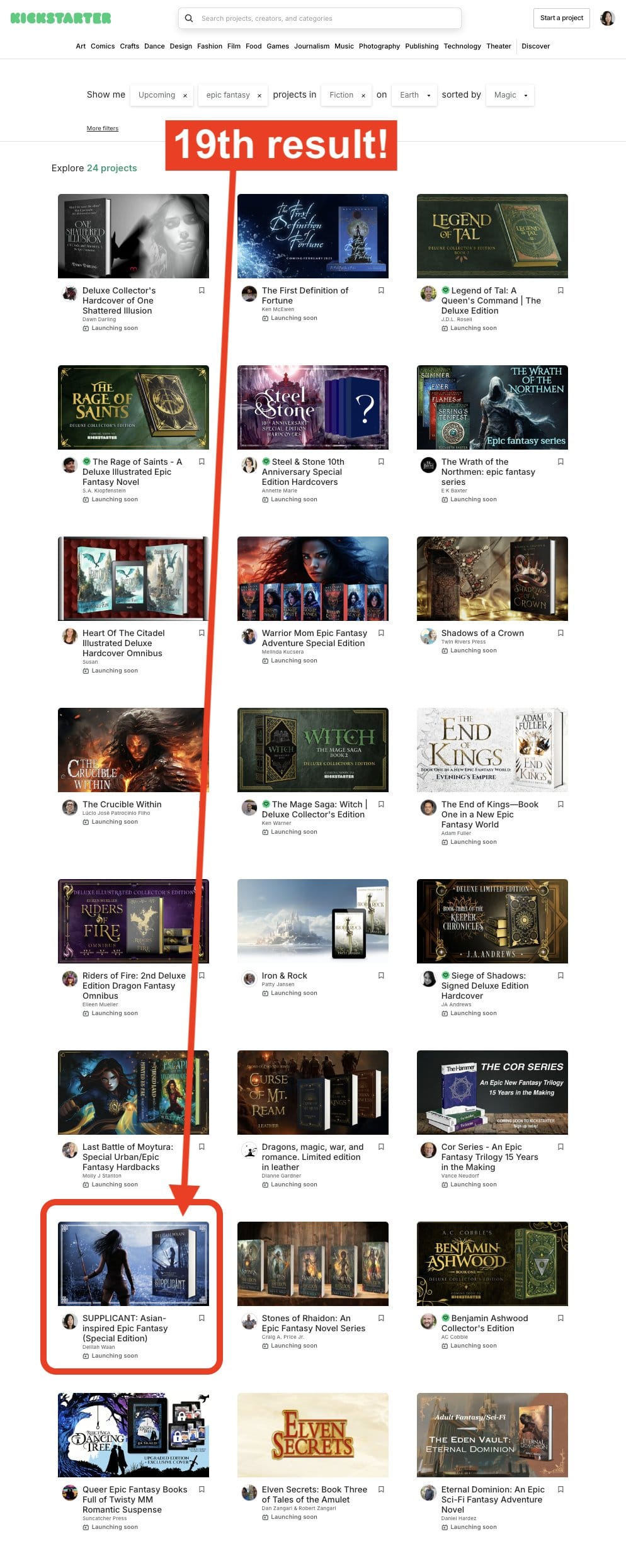 Screenshot of upcoming Kickstarter projects for the search term "epic fantasy", featuring Supplicant as the 19th result in the Fiction category