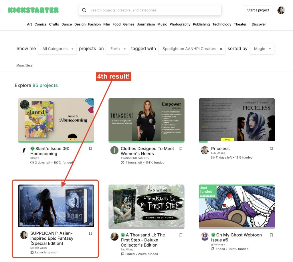Screenshot of Kickstarter projects tagged with "Spotlight on AANHPI Creators", featuring Supplicant as the 4th result