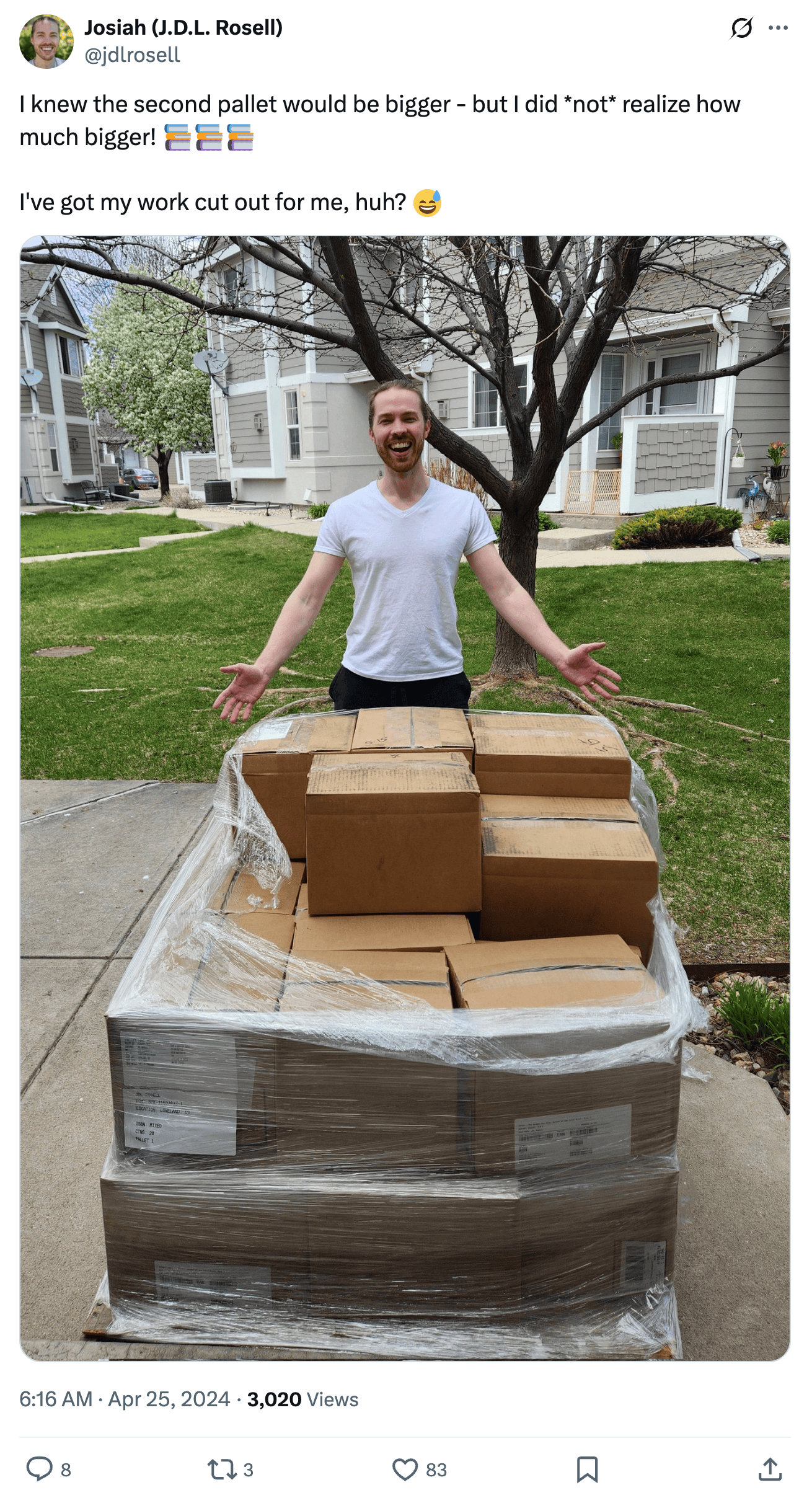 Screenshot of J.D.L. Rosell (@jdlrosell) tweet that reads:
I knew the second pallet would be bigger - but I did *not* realize how much bigger! 📚📚📚
I've got my work cut out for me, huh? 😅
Image shows a pallet loaded with many boxes full of books.