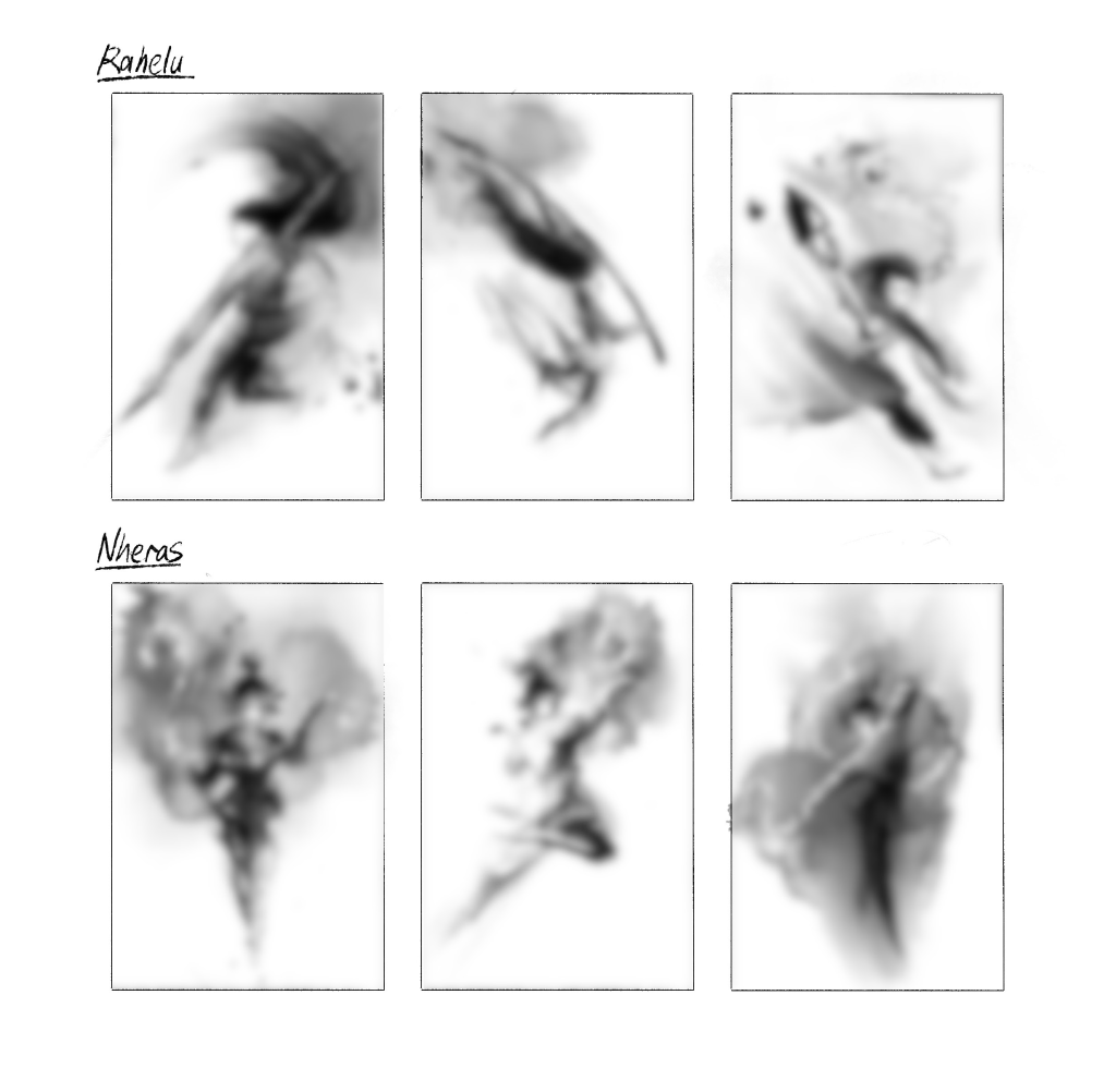 Blurred image of Rosemary's character art concepts for Rahelu and Nheras.