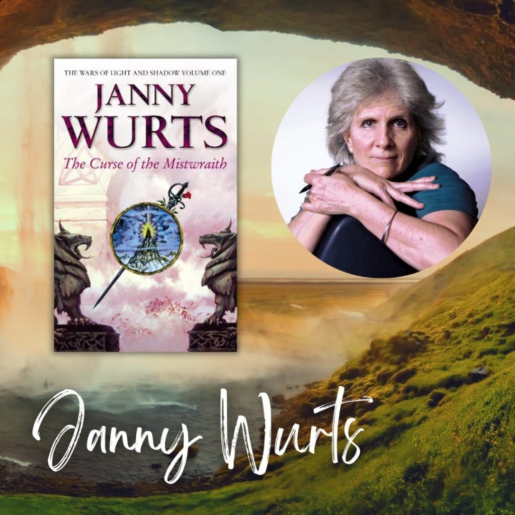 Photo looking out from a cave past a waterfall over a lush valley. Text reads: Janny Wurts Cover image of The Curse of the Mistwraith and author headshot