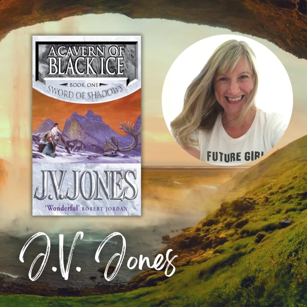 Photo looking out from a cave past a waterfall over a lush valley. Text reads: J.V. Jones Cover image of A Cavern of Black Ice and author headshot
