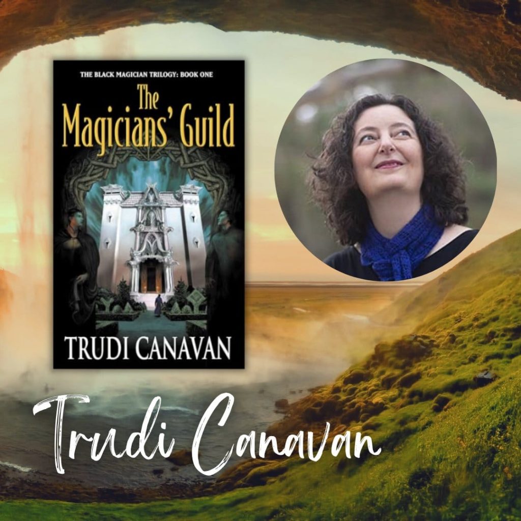 Photo looking out from a cave past a waterfall over a lush valley. Text reads: Trudi Canavan Cover image of The Magician's Guild and author headshot