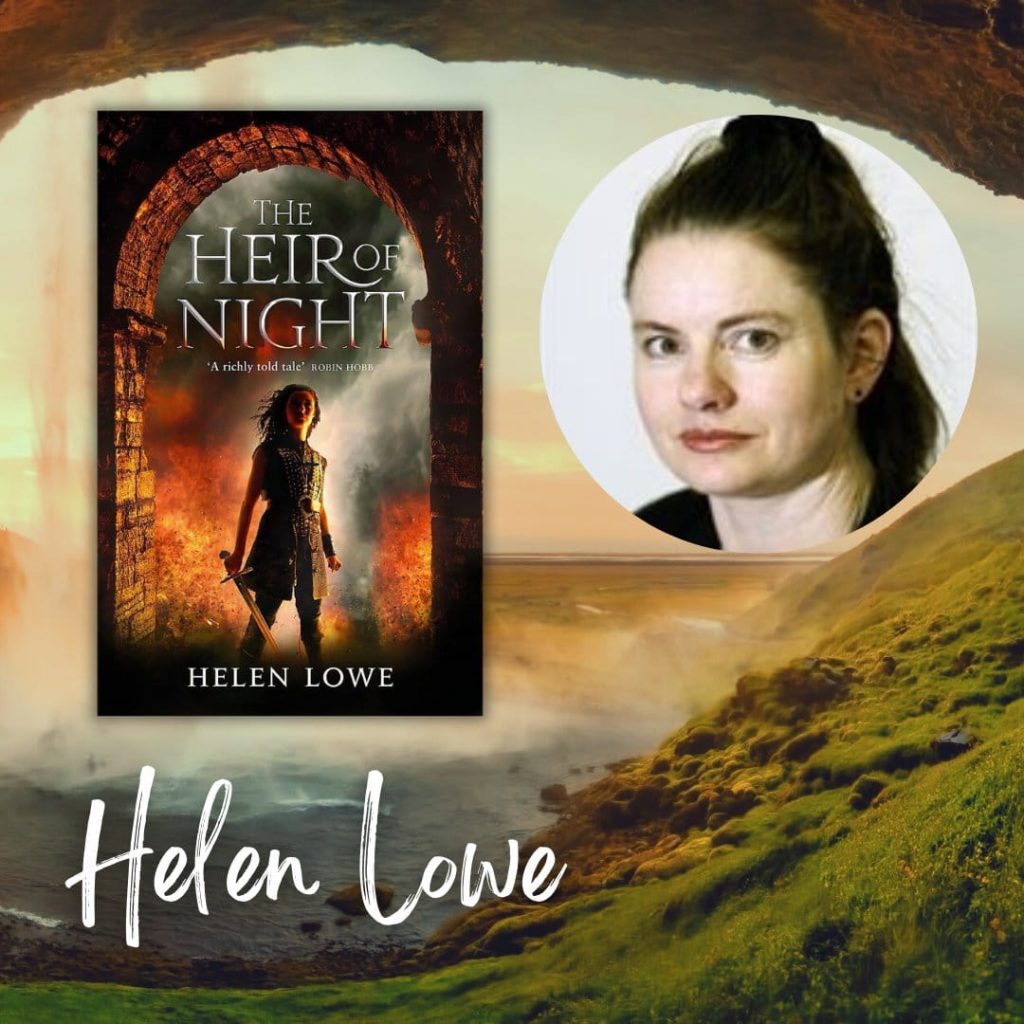 Photo looking out from a cave past a waterfall over a lush valley. Text reads: Helen Lowe Cover image of The Heir of Night and author headshot