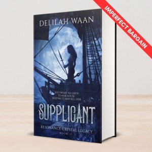 A 3D mockup of the hardcover edition of SUPPLICANT with the words "IMPERFECT BARGAIN" across the top right hand corner