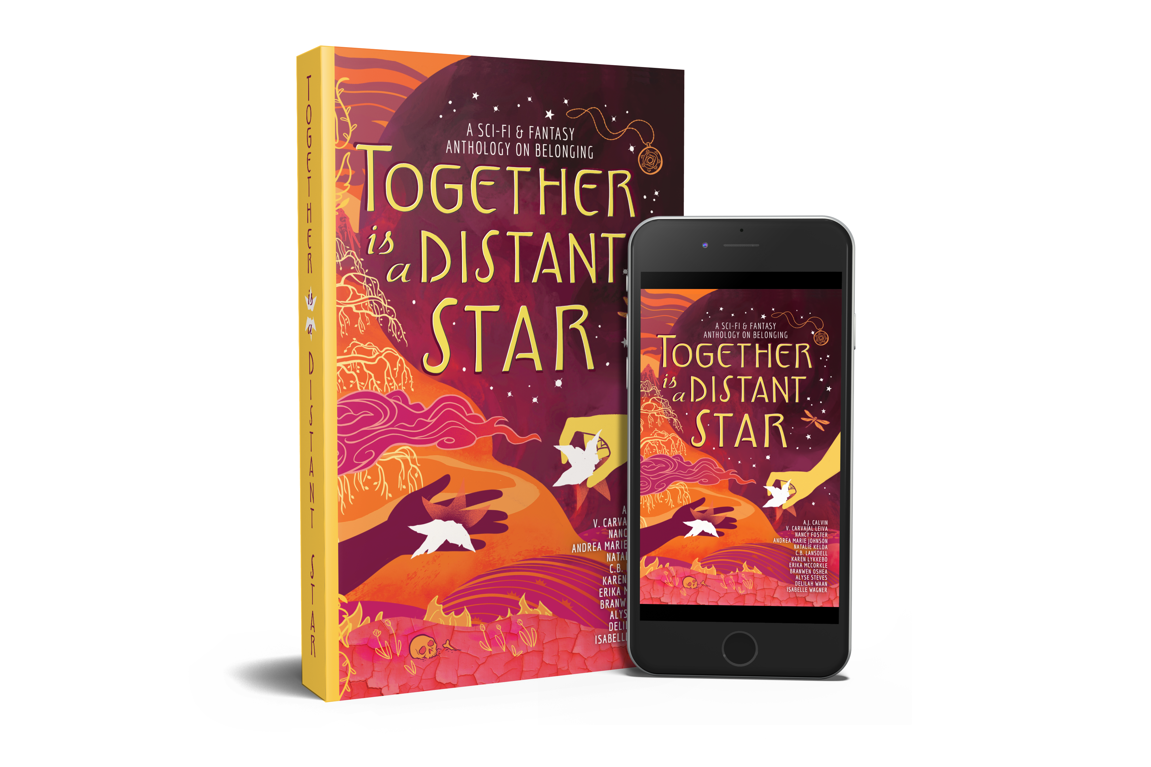 3D mockup of the paperback and ebook editions of TOGETHER IS A DISTANT STAR, a science fiction and fantasy anthology on belonging.