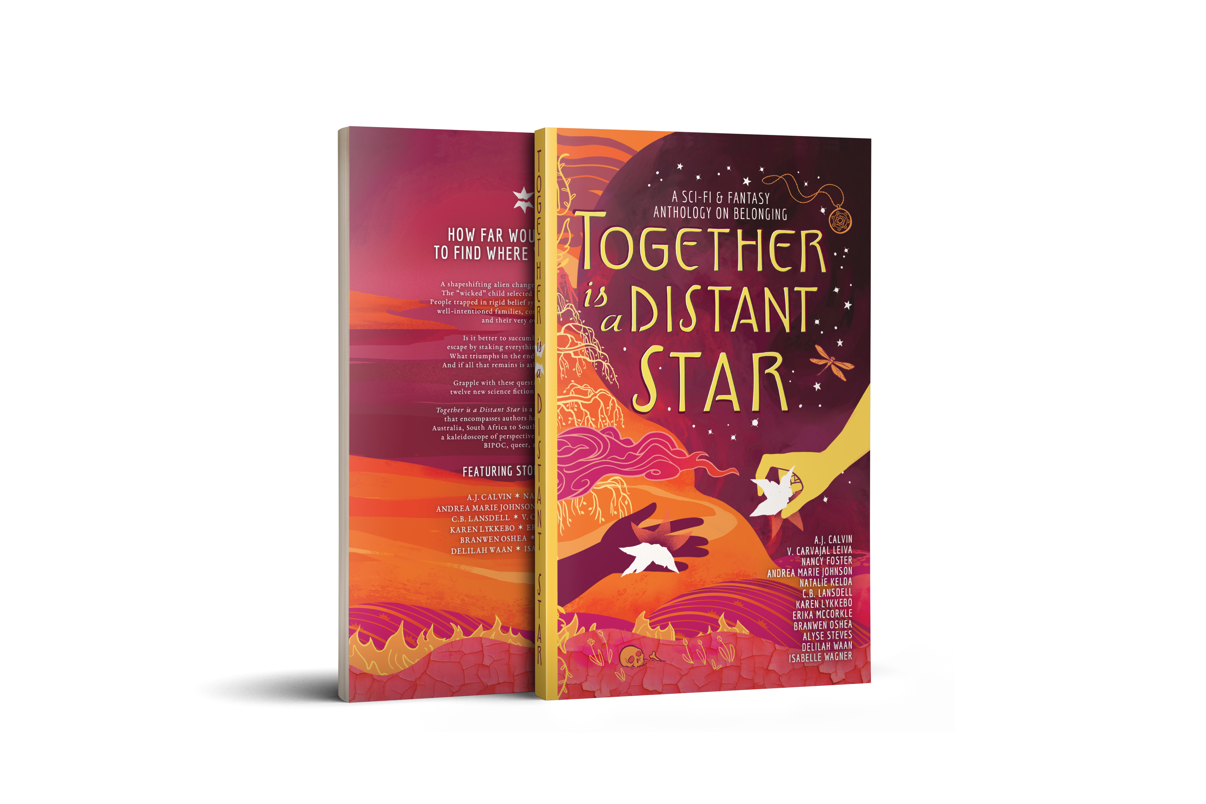 3D mockup of two copies of the TOGETHER IS A DISTANT STAR paperback, both vertical, the first in front, showing the front cover and spine, and the other behind, showing part of the back cover.