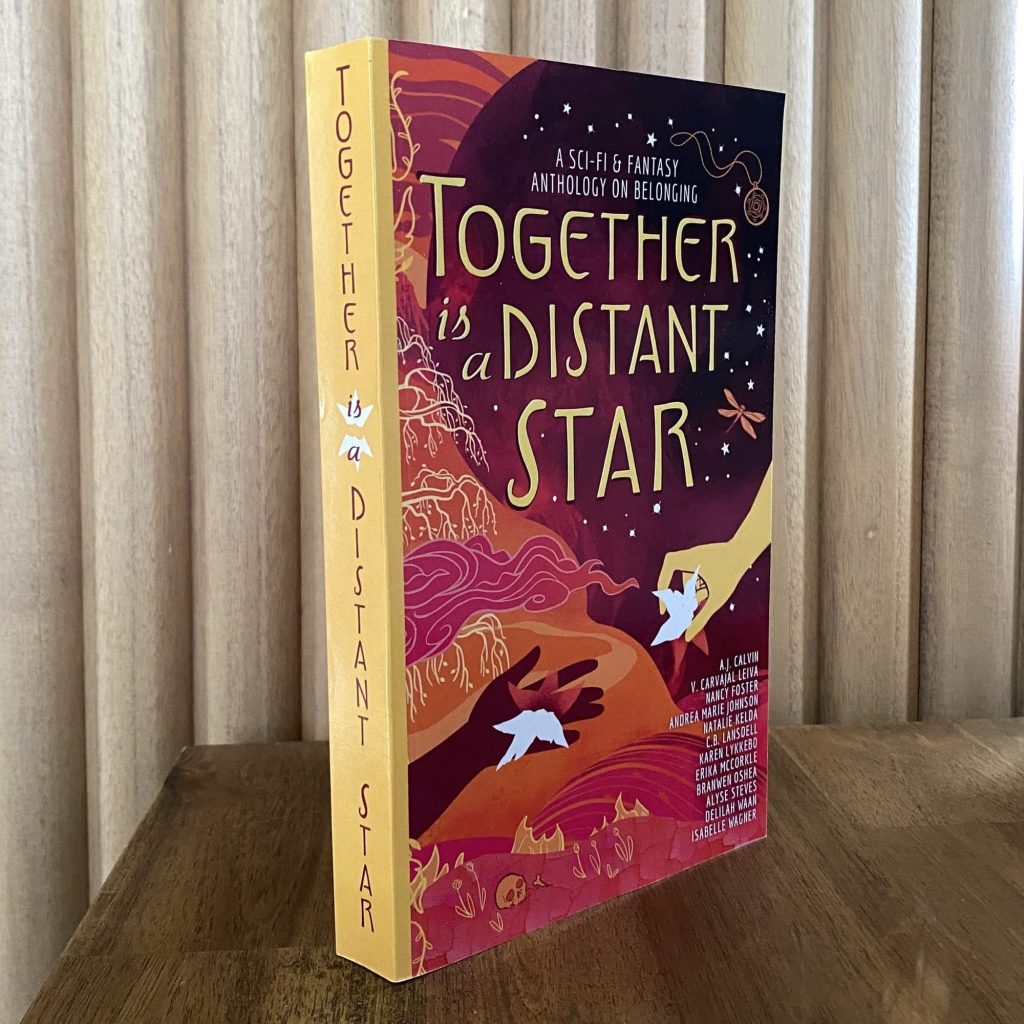 Photo of TOGETHER IS A DISTANT STAR paperback at an angle, showing the front cover and spine.