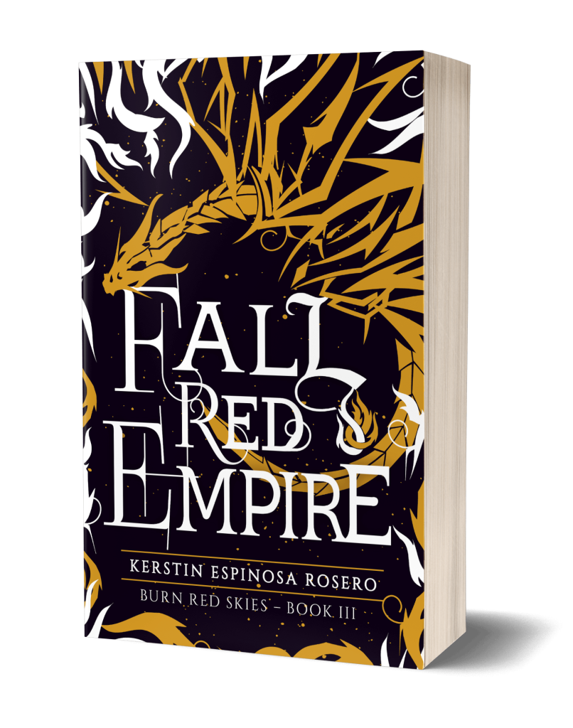 3D paperback mockup of Fall Red Empire by Kerstin Espinosa Rosero. Cover art and design by Franziska Stern.